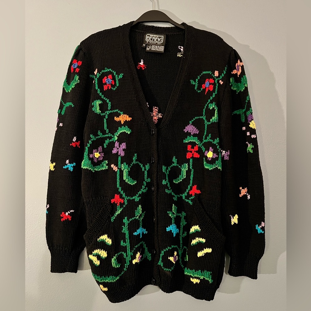 Vintage Berek 100% Pima Cotton Floral Embroidered Cardigan Sweater | Size M